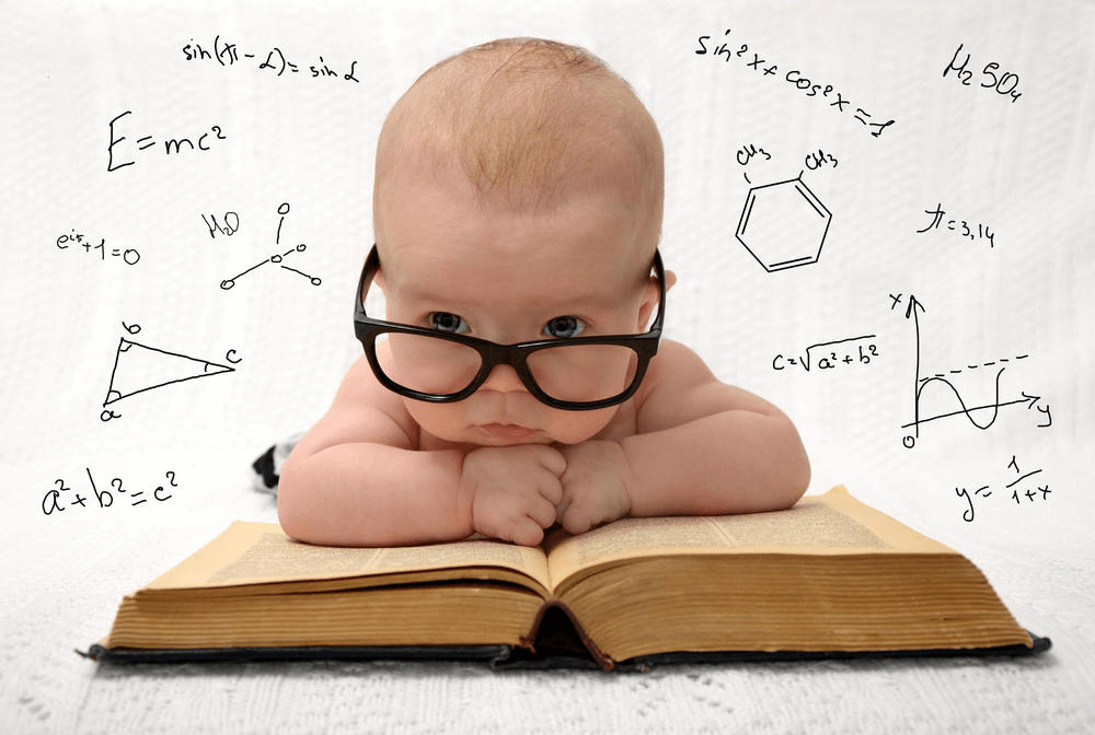 Baby studying from book, equations written in background