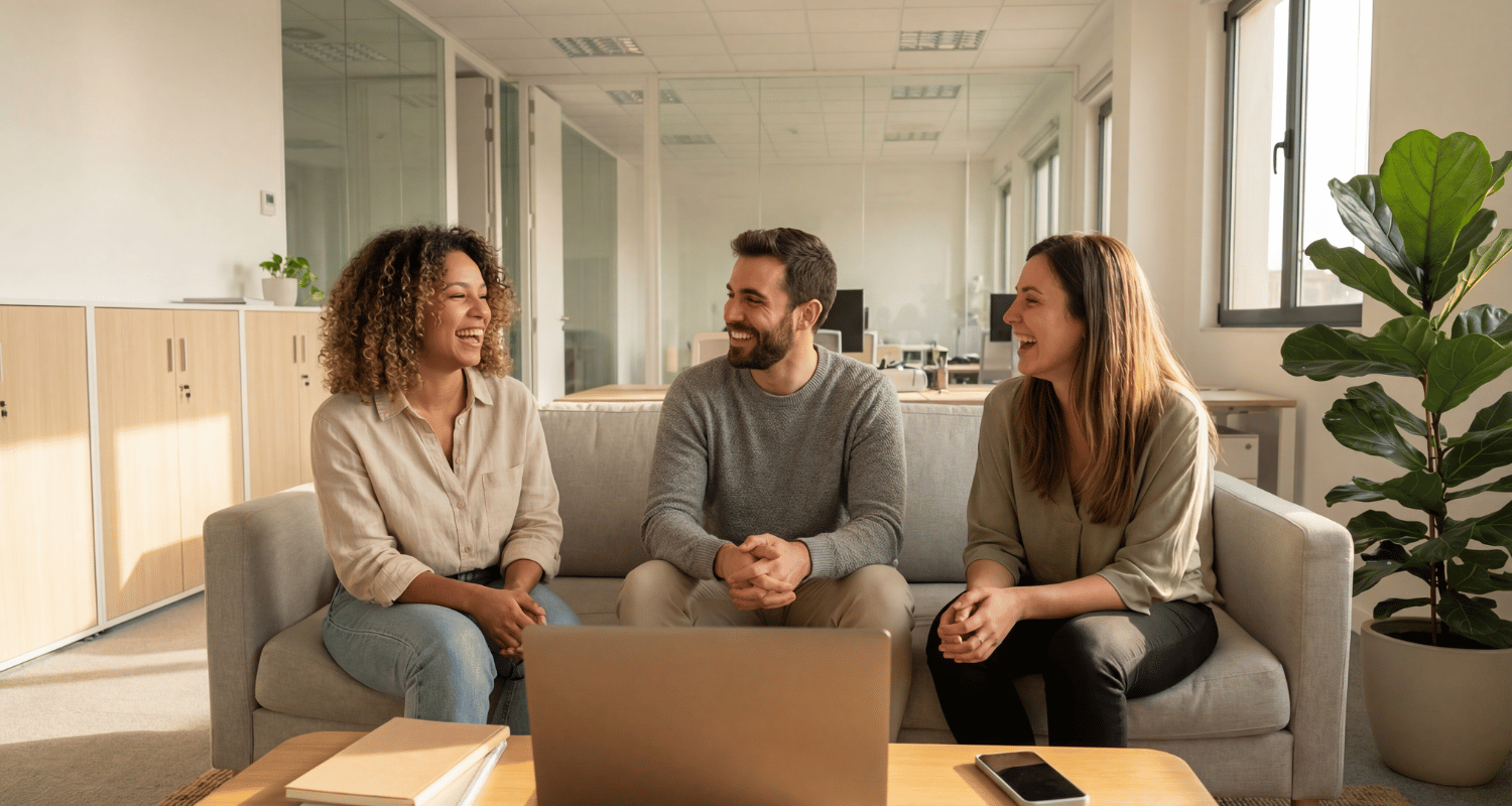 Happy employees sitting on a settee talking.